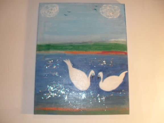 Swan Twosome on the Lake! Canvas Size 20x16 Price-$275.00 USD + Shipping + Md. Sales 6% Tax if Applicable